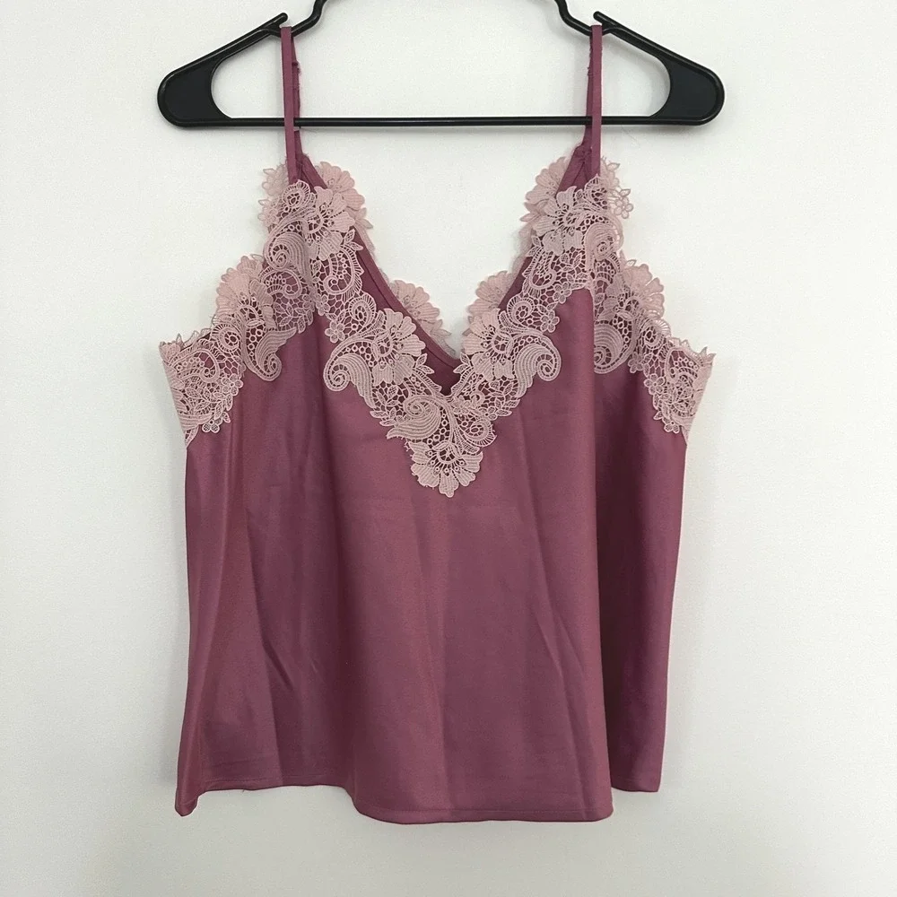 Anthropologie Camisole Womens Medium Pink Satin Lace Trim Tank Top Lingerie - Picture 3 of 4